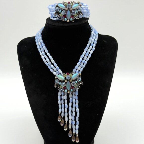 Vtg Florenza Glass Bead Multi Strand Necklace Bracelet Set Rhinestone Colorful - Picture 1 of 16